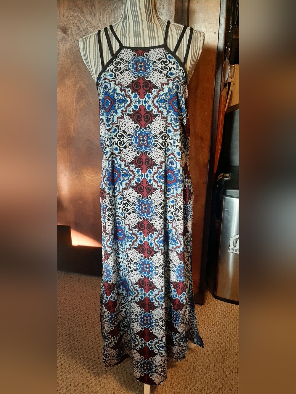 Charlotte Russe Multi-Print Strappy Maxi Dress in Blue, White & Burgundy